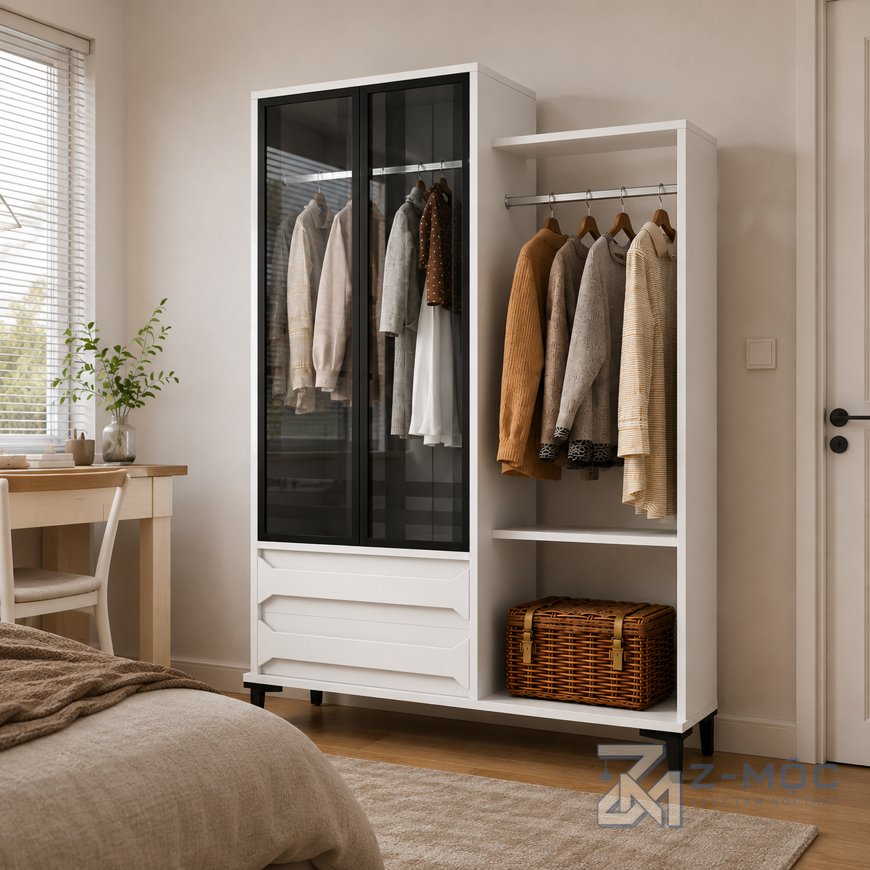 Tủ Quần Áo Cánh Kính Kết Hợp Kệ Treo Mở ZM-10046 - ảnh chi tiết 6