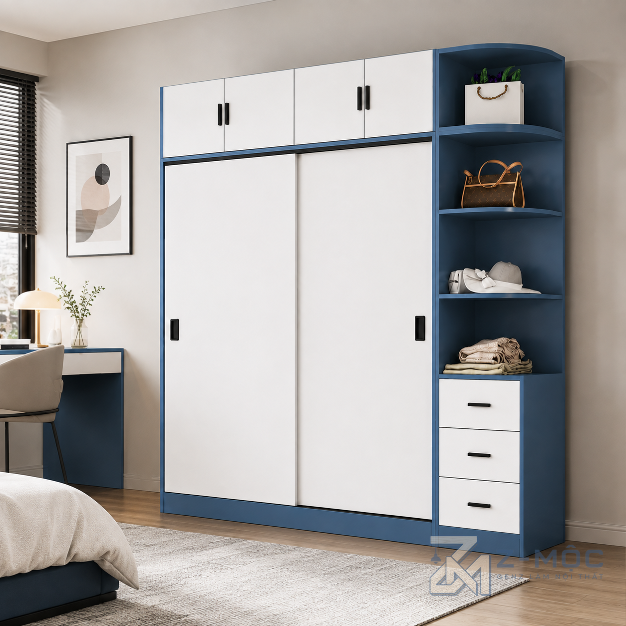 Tủ Quần Áo Cánh Lùa Phối Trắng Xanh Có Kệ ZM-10037 - ảnh chi tiết 6