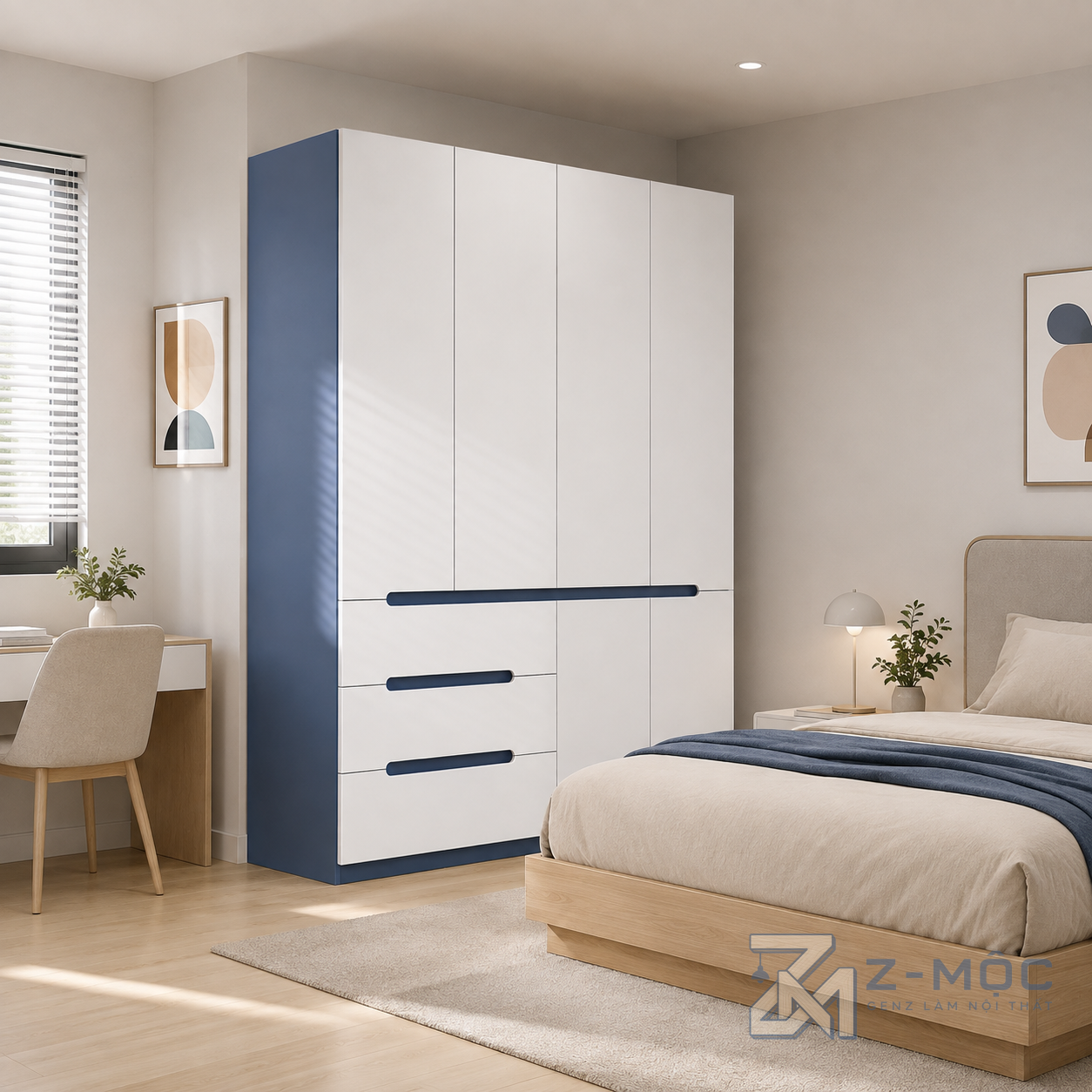 Tủ Quần Áo Cánh Trắng Phối Xanh Có Ngăn Kéo Độc Đáo ZM-10040 - ảnh chi tiết 6