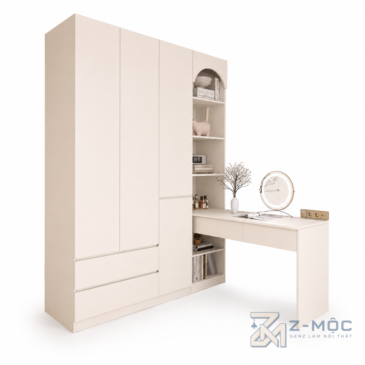 Tủ Quần Áo Kết Hợp Bàn Làm Việc Màu Kem ZM-10042 - 1200x600x2400 + Bàn làm việc 1400x600x2400mm - ZM-10042.1