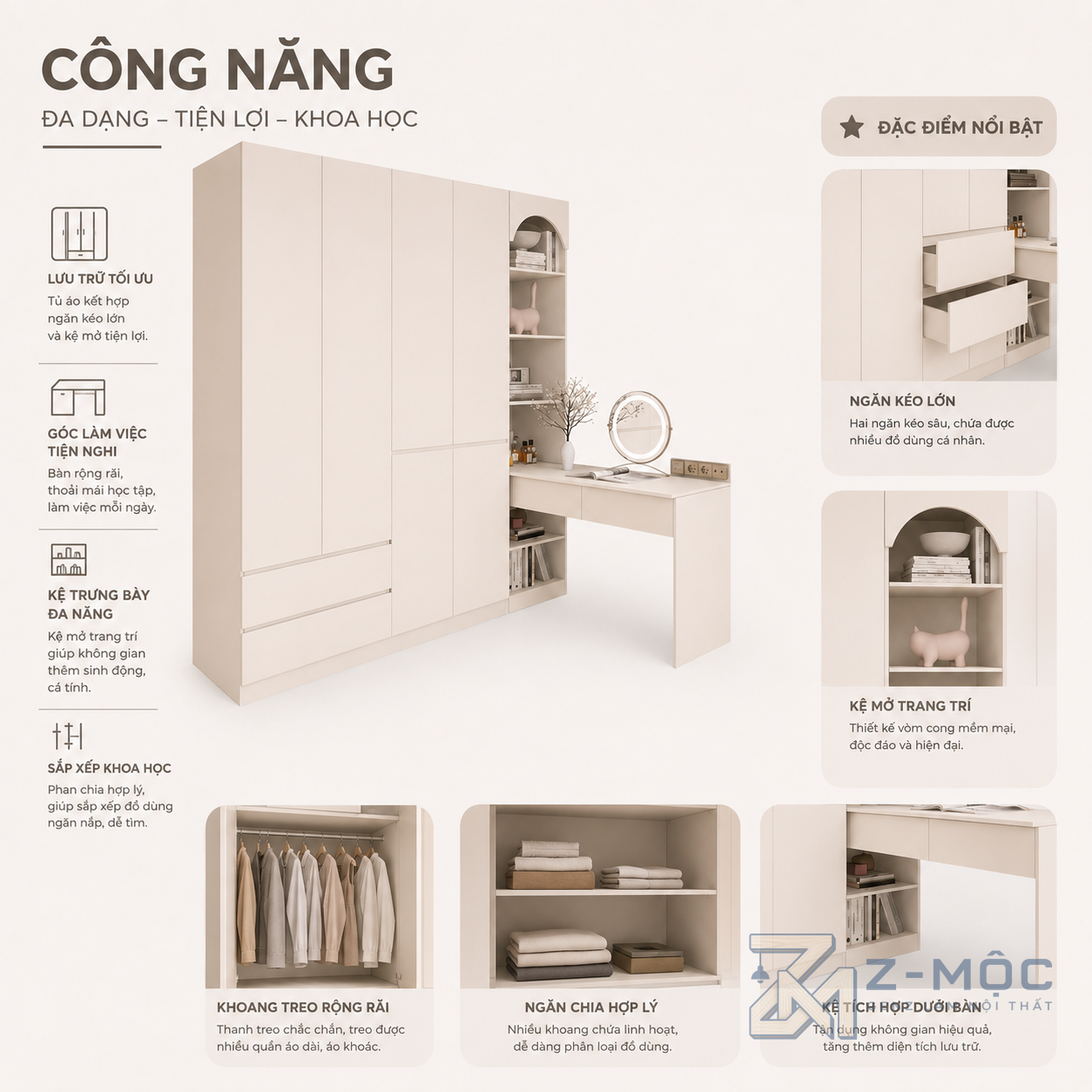Tủ Quần Áo Kết Hợp Bàn Làm Việc Màu Kem ZM-10042 - ảnh chi tiết 4