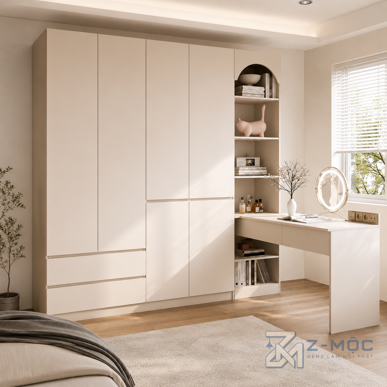 Tủ Quần Áo Kết Hợp Bàn Làm Việc Màu Kem ZM-10042 - ảnh chi tiết 7