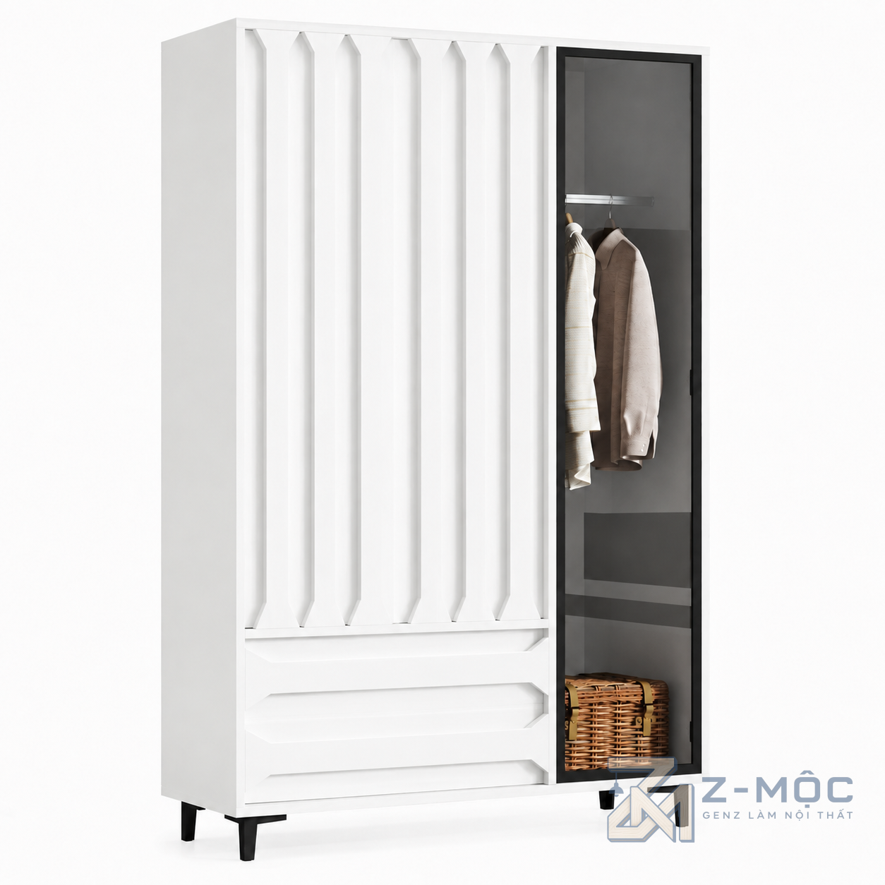 Tủ Quần Áo Trắng Phối Cánh Kính Đen Nhỏ Gọn ZM-10045 - 1200x600x1880mm - ZM-10045.1