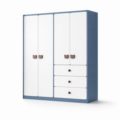 Tủ Quần Áo Trẻ Em Tay Nắm Hình Gấu 4 Cánh Phối Xanh Trắng ZM-10026 - 1600x600x2000mm - ZM-10026.1