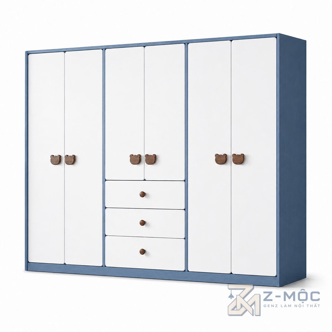 Tủ Quần Áo Trẻ Em Tay Nắm Hình Gấu 4 Cánh Phối Xanh Trắng ZM-10026 - 2400x600x2000mm - ZM-10026.3