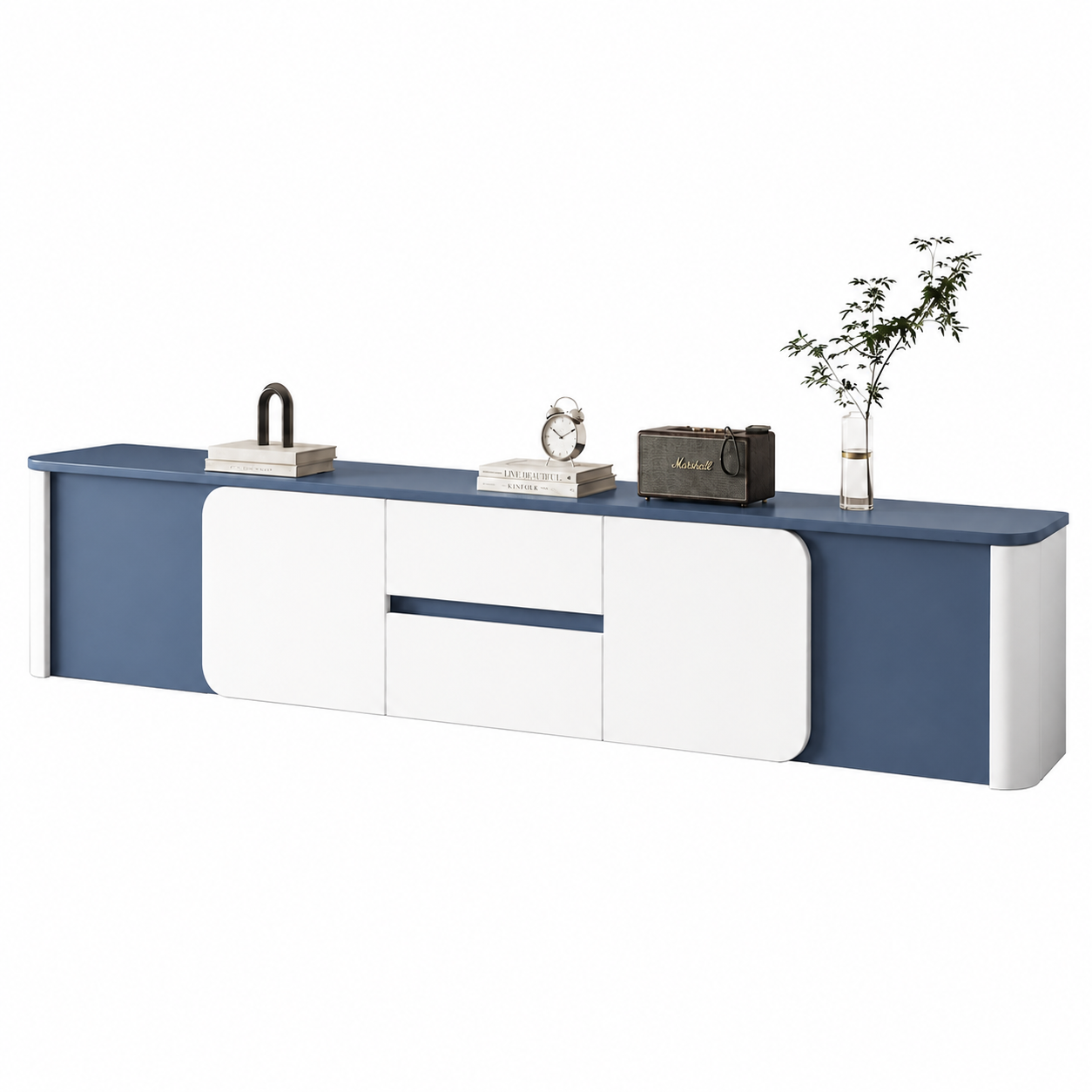 Tủ tivi xanh trắng gỗ MDF hiện đại, thiết kế dáng dài nổi bật