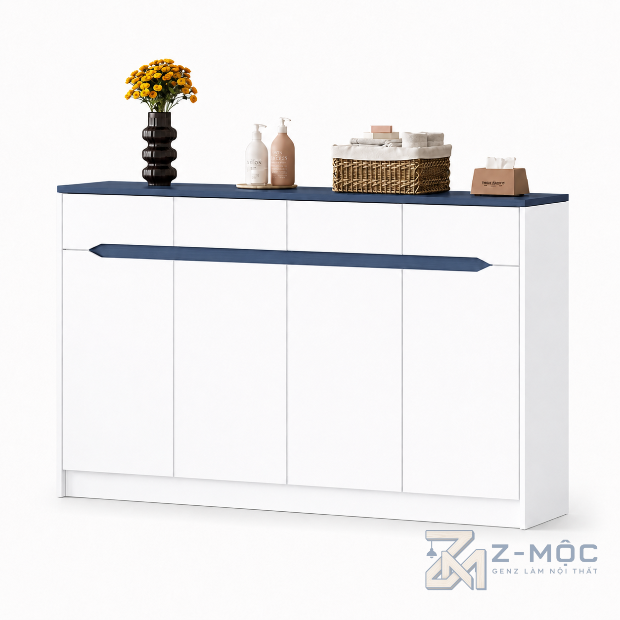 Tủ Trang Trí Màu Trắng Phối Xanh Dáng Dài ZM-94015 - 1600x400x1000mm - ZM-94015.2