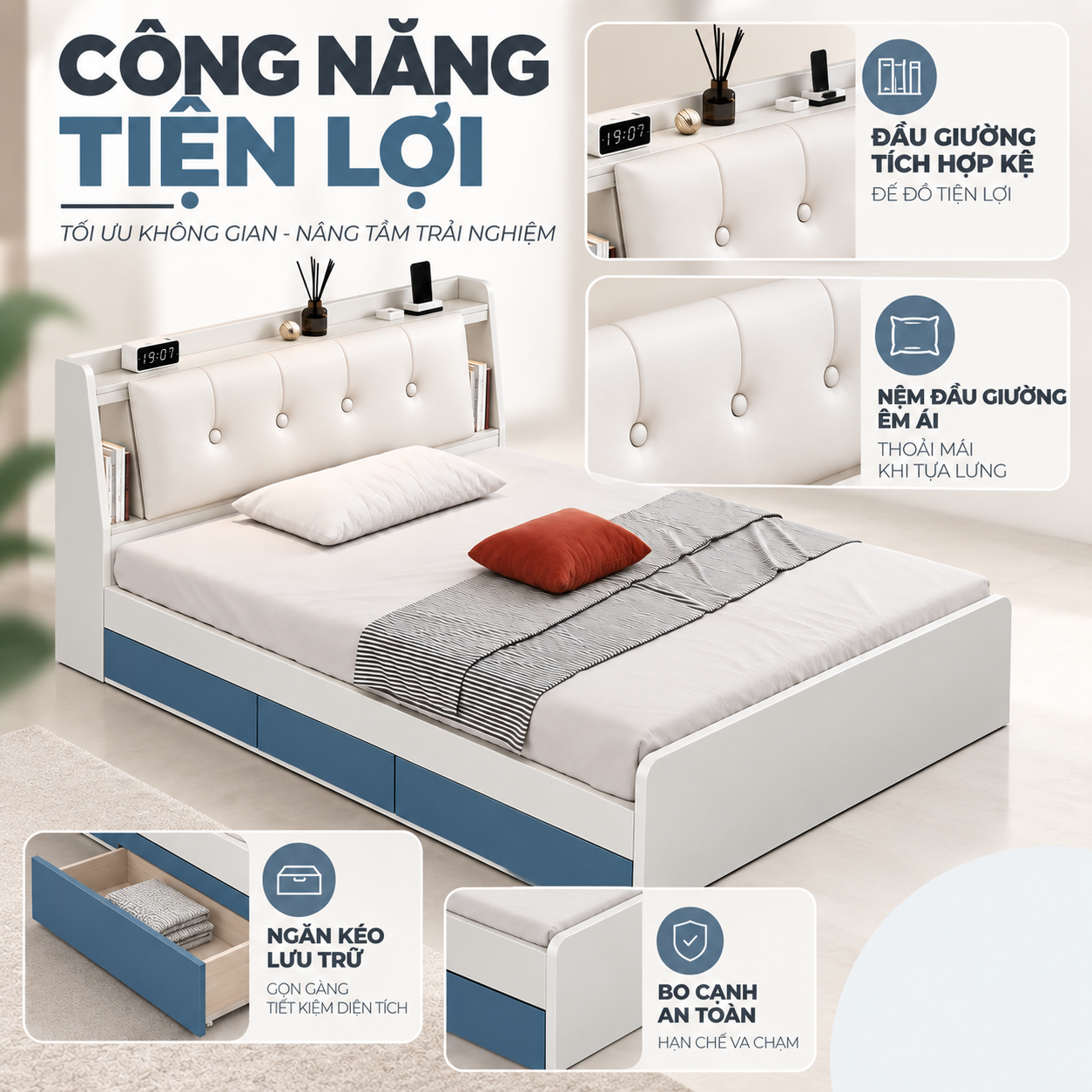 Giường Ngủ Có Kệ Đầu Giường Bọc Nệm Hiện Đại ZM-11046 - Ảnh 5