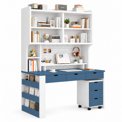 Bàn Học Liền Kệ Sách Kèm Kệ Di Động Màu Xanh Trắng ZM-70073 - 1400x600x1900mm - ZM-70073.2
