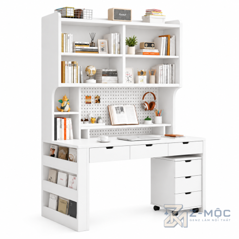 Bàn Học Liền Kệ Sách Kèm Kệ Di Động Màu Xanh Trắng ZM-70073 - ảnh chi tiết 1
