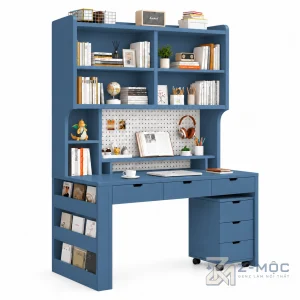 Bàn Học Liền Kệ Sách Kèm Kệ Di Động Màu Xanh Trắng ZM-70073 - ảnh chi tiết 3