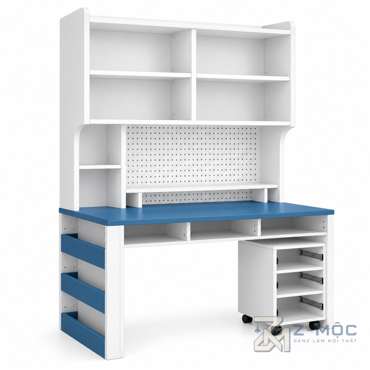 Bàn Học Liền Kệ Sách Kèm Kệ Di Động Màu Xanh Trắng ZM-70073 - ảnh chi tiết 9