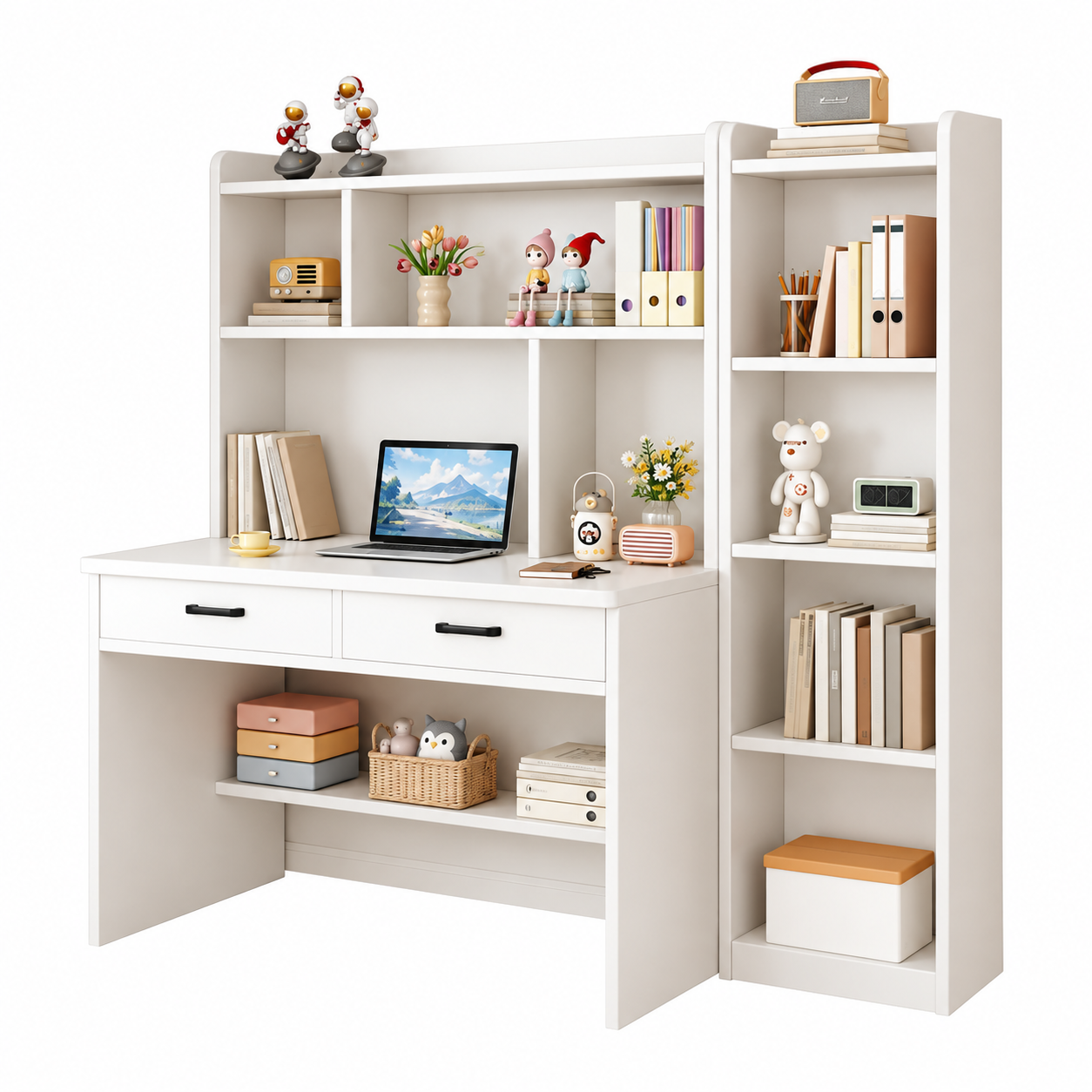 Bàn học liền kệ sách màu trắng nhiều tầng tiện dụng