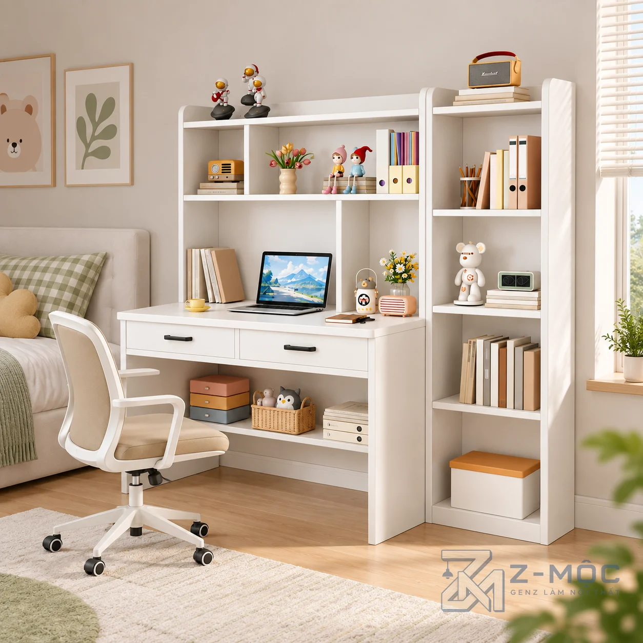 Bàn Học Liền Kệ Sách Màu Trắng Nhiều Tầng ZM-70064 - ảnh chi tiết 7
