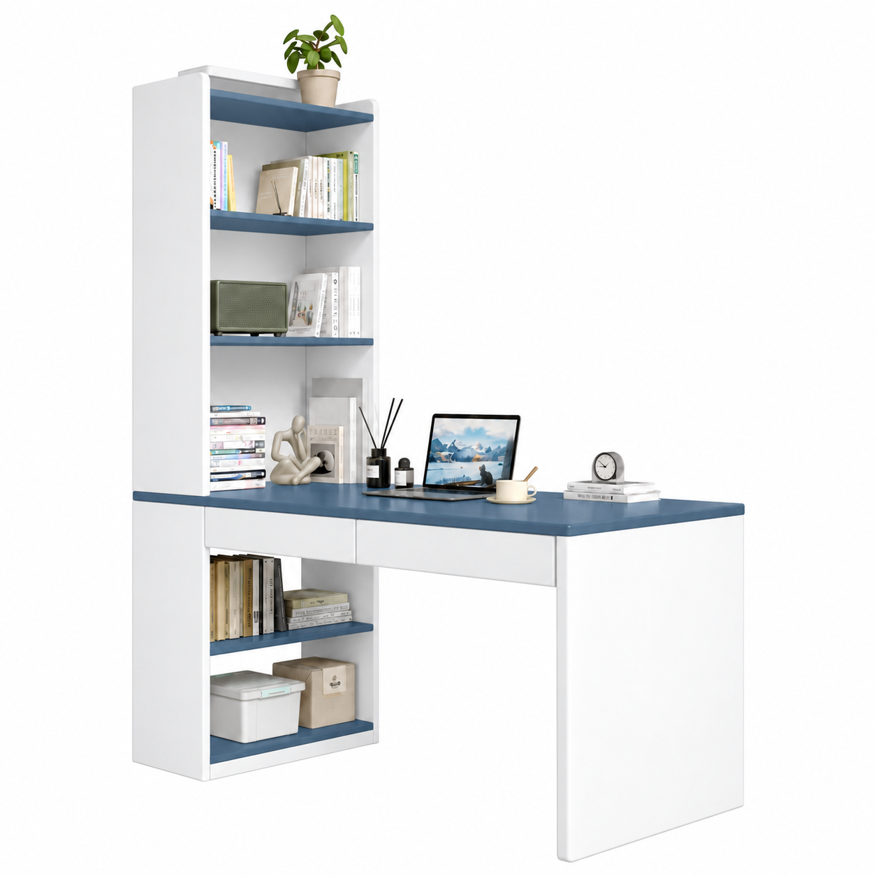 Bàn Học Và Làm Việc Liền Kệ Sách Cao Màu Trắng Xanh ZM-70063 - 1400x600x1700mm - ZM-70063.2