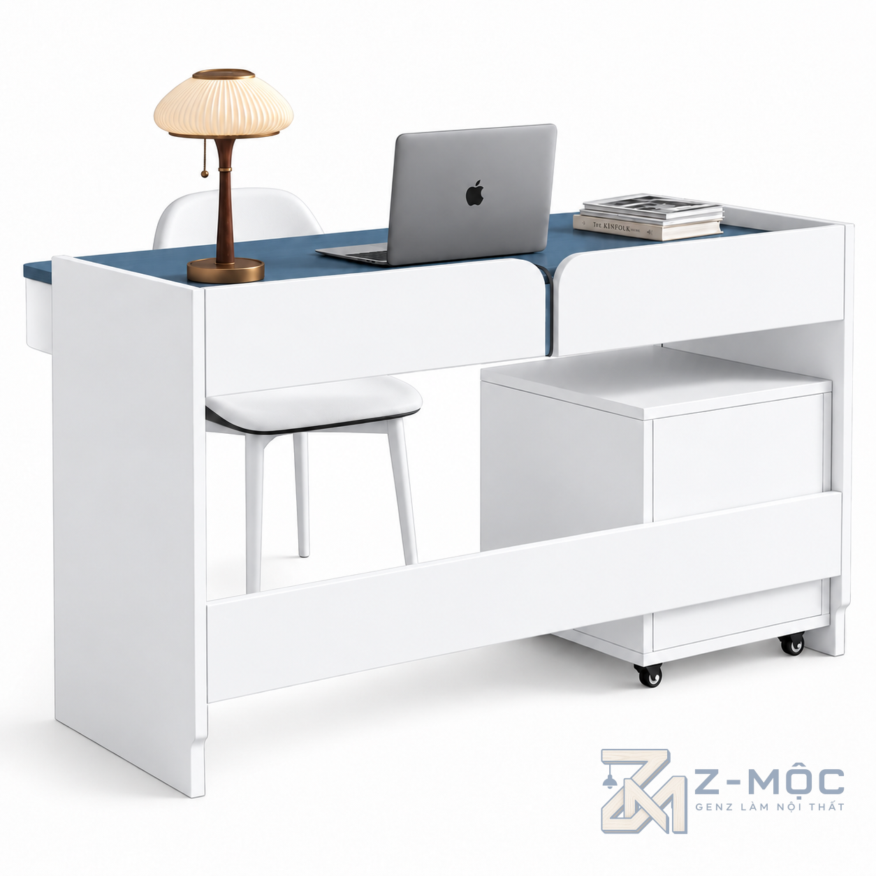 Bàn Làm Việc Kèm Kệ Di Động Màu Trắng Xanh ZM-70056 - ảnh chi tiết 2