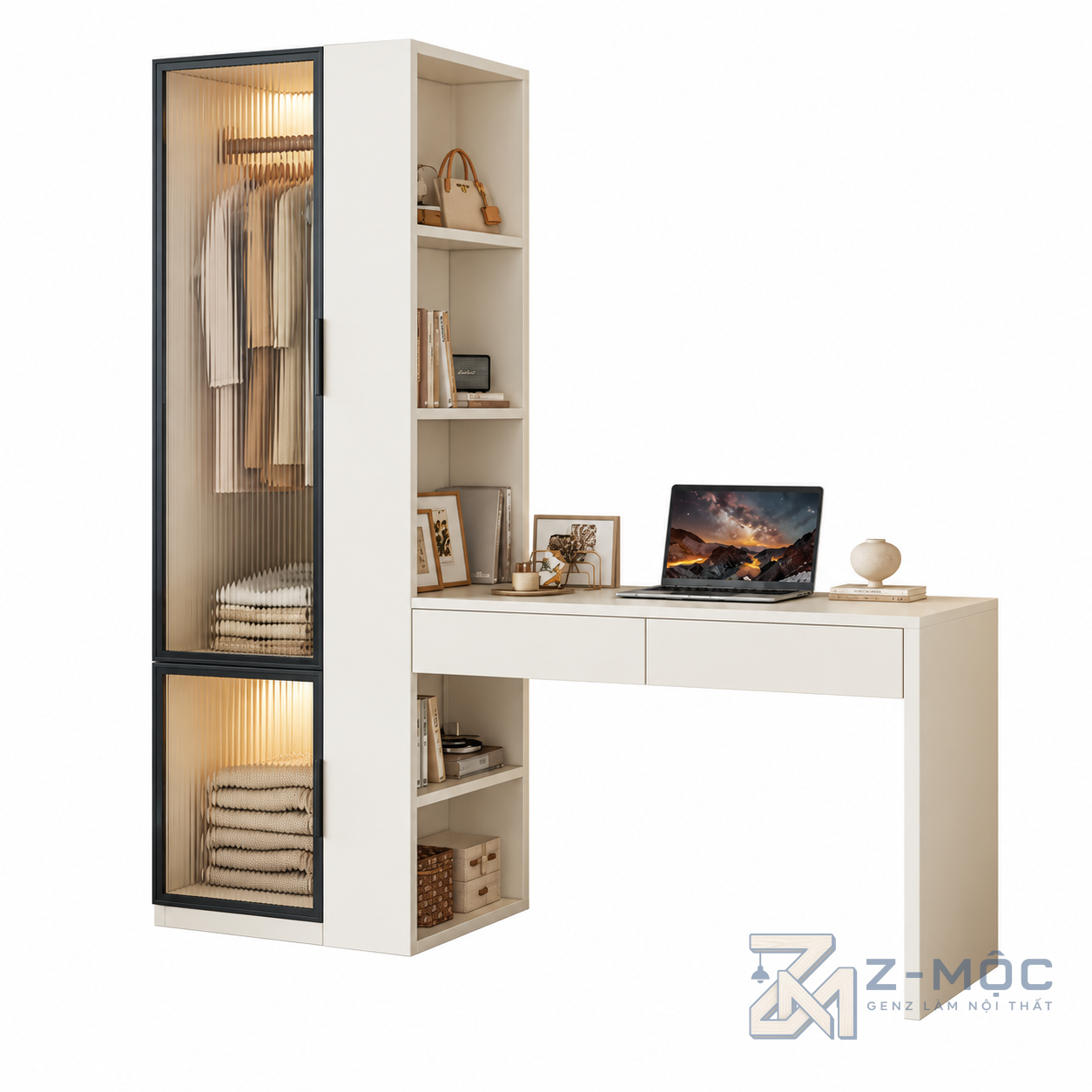 Bàn Làm Việc Liên Tủ Quần Áo Cánh Kính Sọc ZM-70068 - 1200x600x1900mm + Tủ 400x600x1900mm - ZM-70068.2