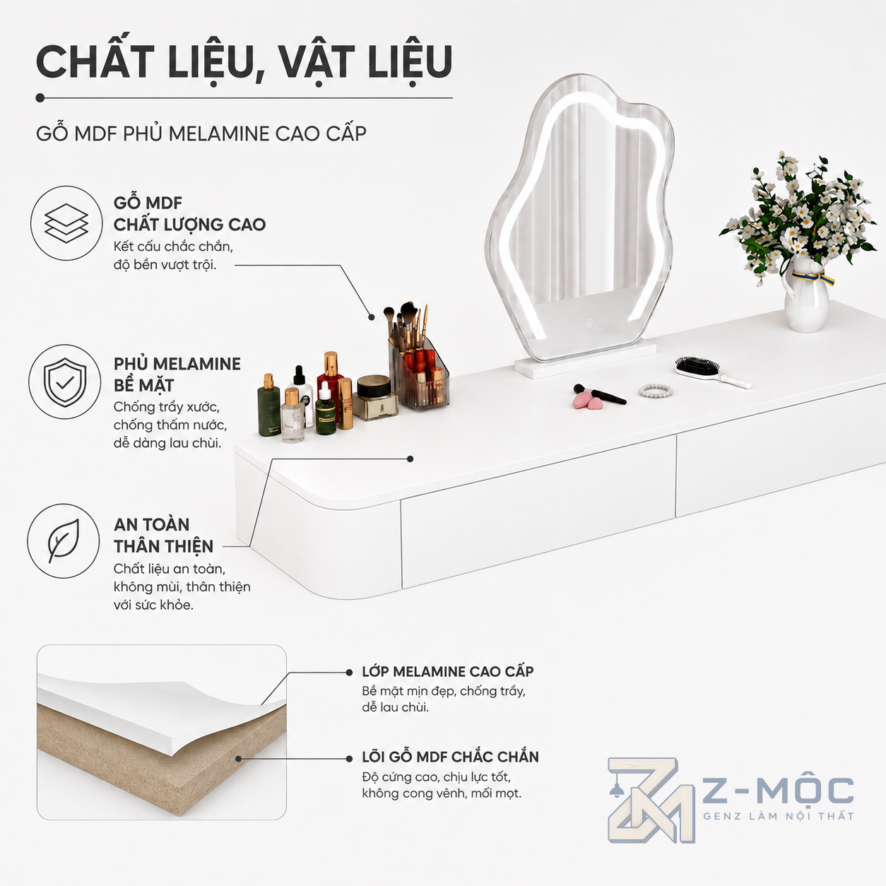 Chất liệu gỗ MDF chống ẩm phủ Melamine bền đẹp