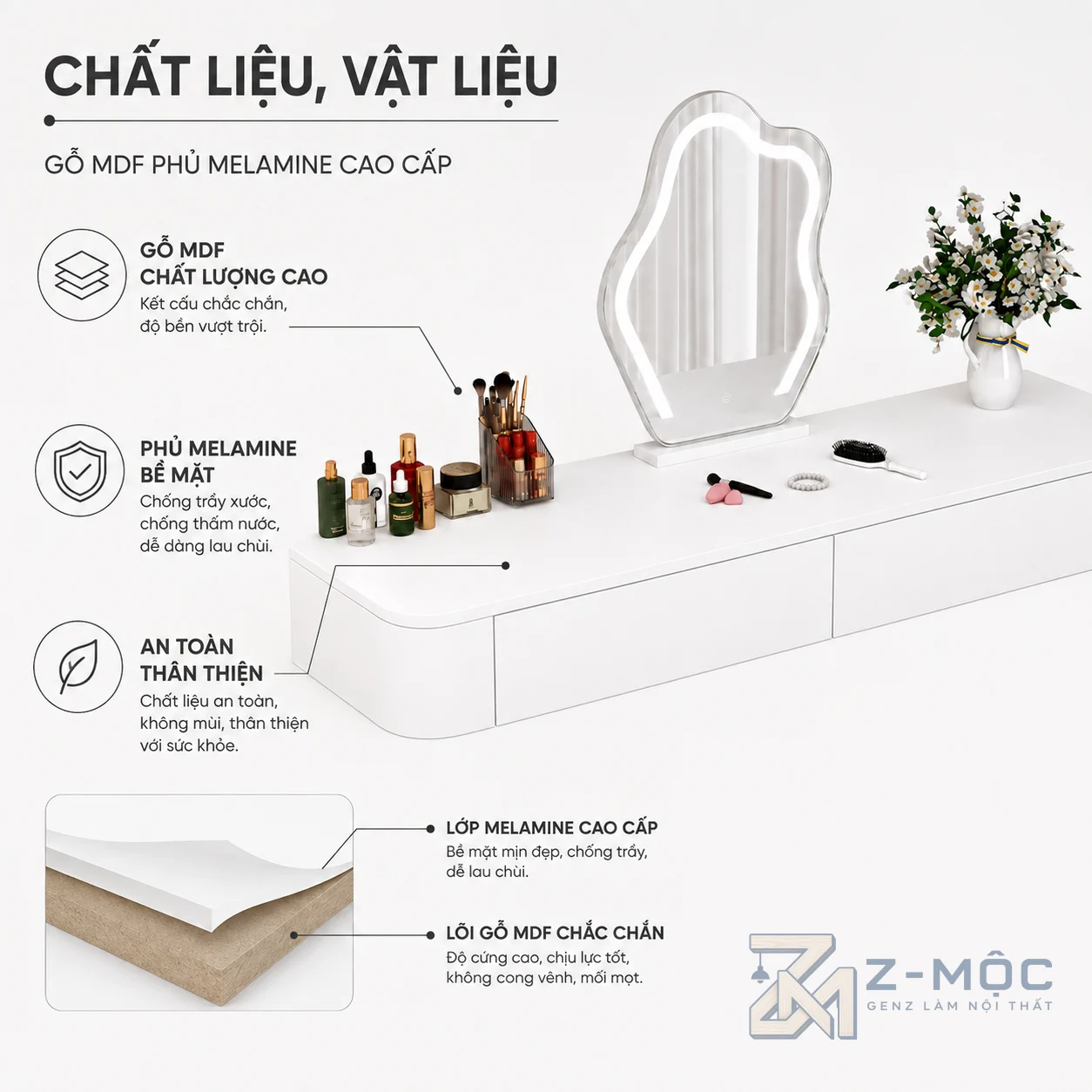Chất liệu gỗ MDF chống ẩm phủ Melamine bền đẹp