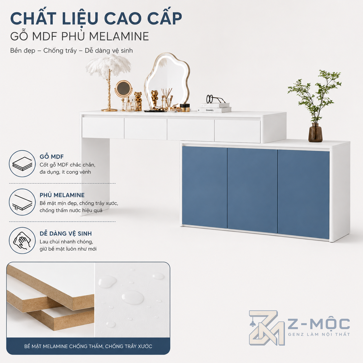 Chất liệu gỗ MDF phủ Melamine