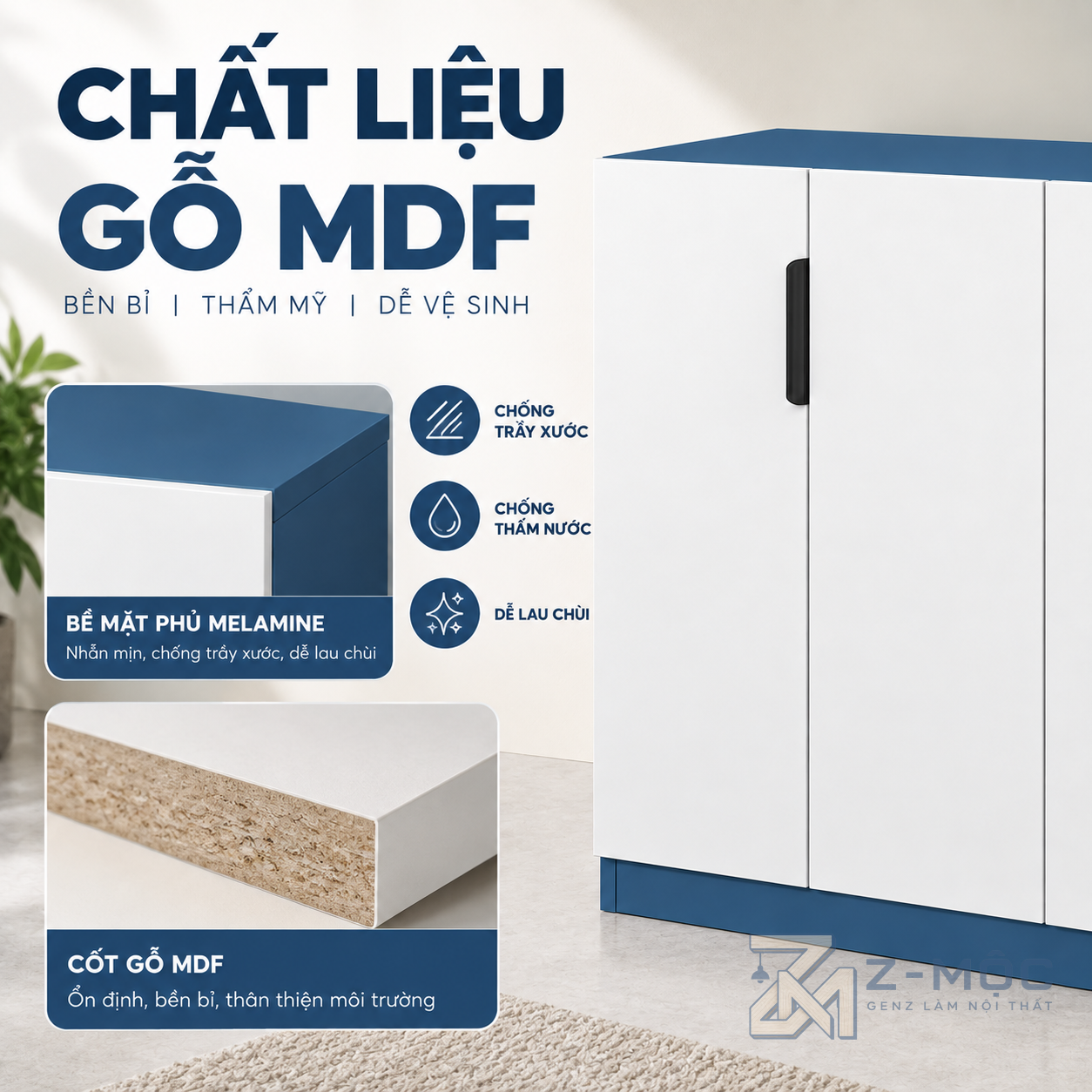Chất liệu gỗ MDF phủ Melamine