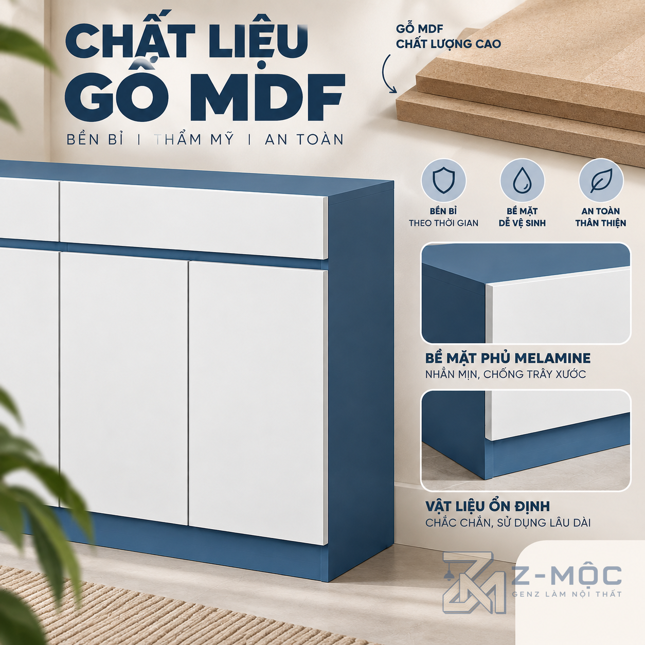 Chất liệu gỗ MDF phủ Melamine