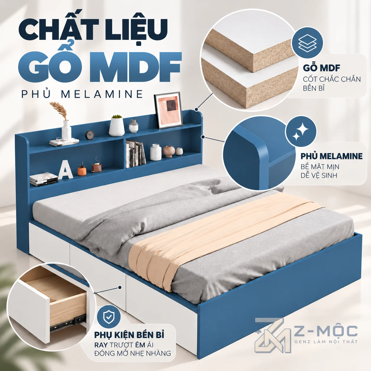 Chất liệu gỗ MDF phủ Melamine bền đẹp
