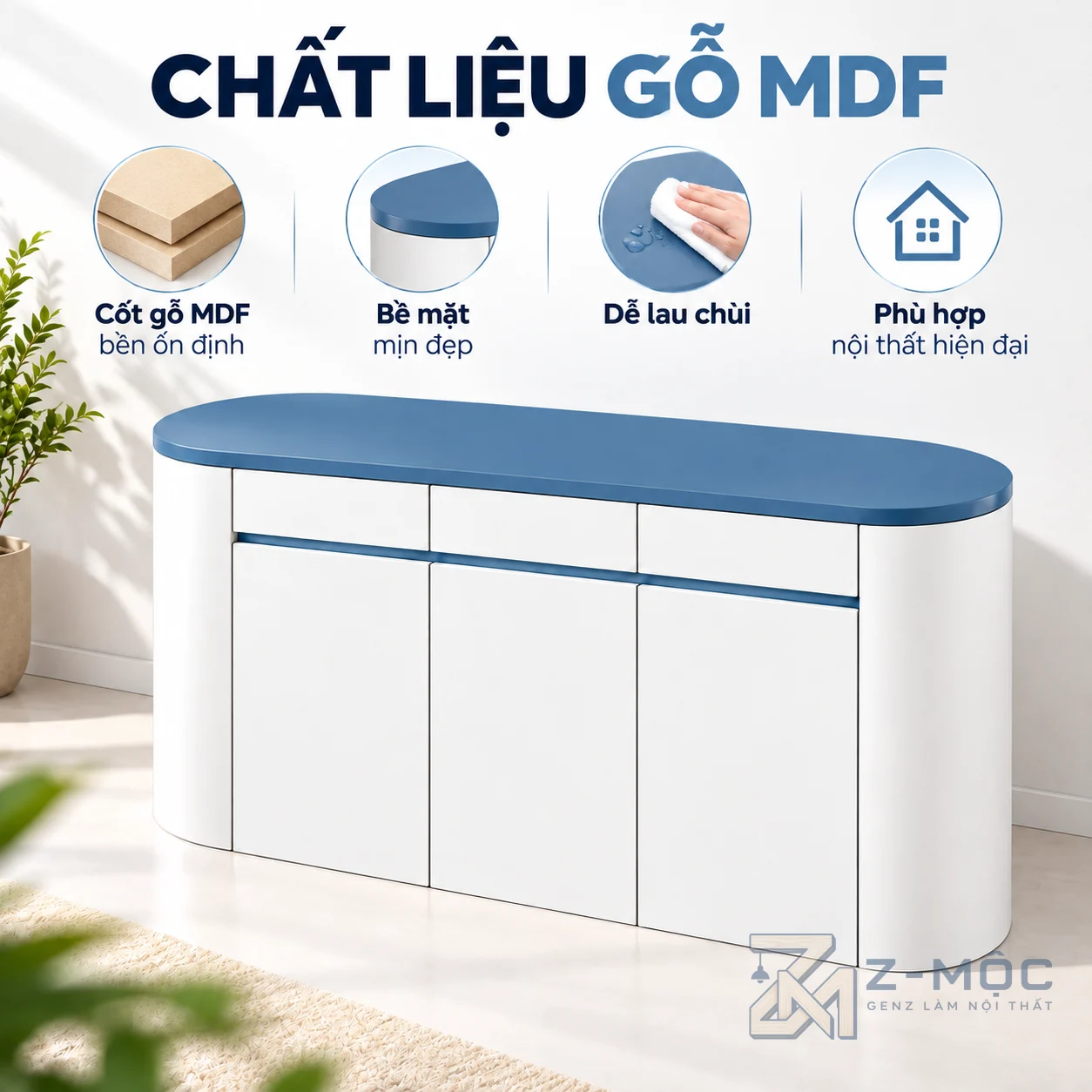 Chất liệu gỗ MDF phủ melamine bền và dễ vệ sinh