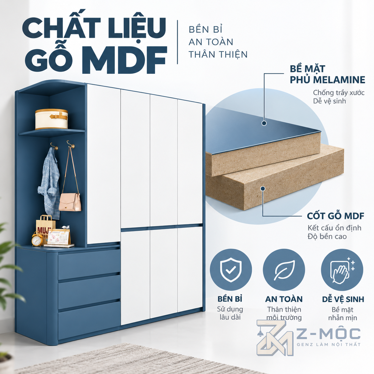 Chất liệu gỗ phủ melamine bền đẹp