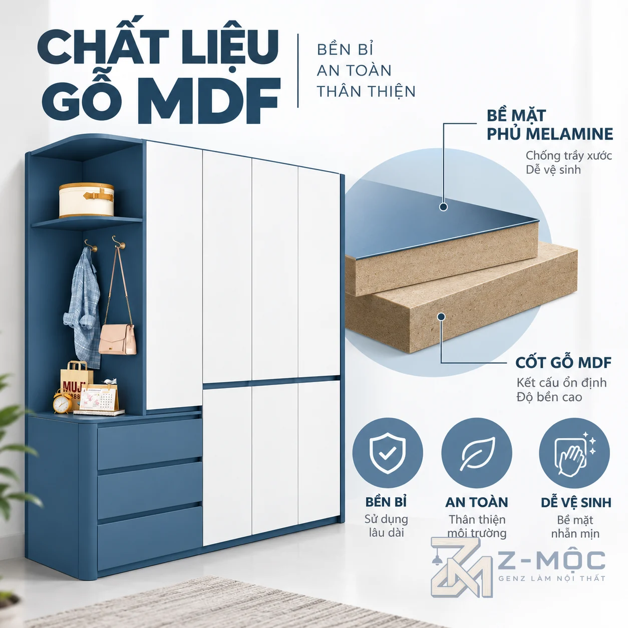 Chất liệu gỗ phủ melamine bền đẹp