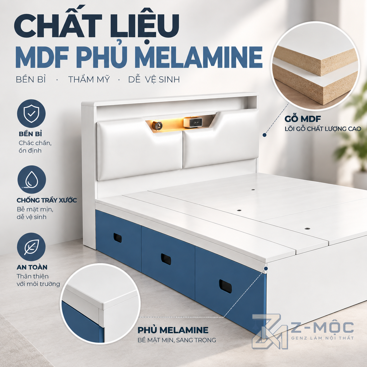 Chất liệu gỗ phủ melamine bền đẹp