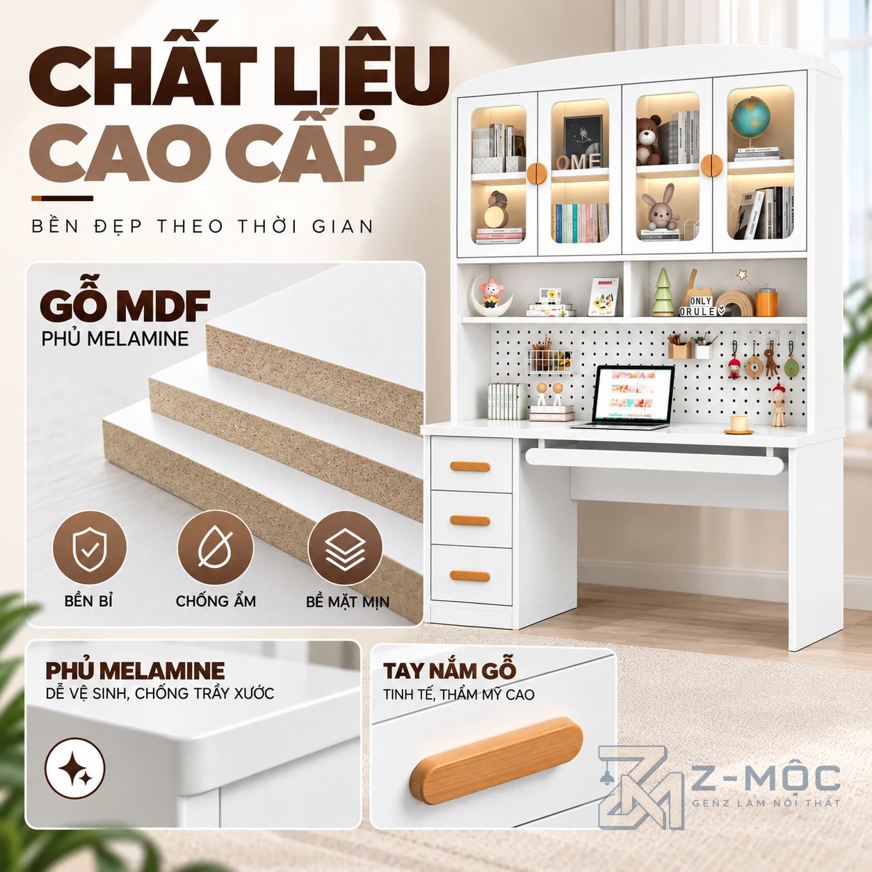 Chất liệu gỗ phủ Melamine bền đẹp, dễ vệ sinh