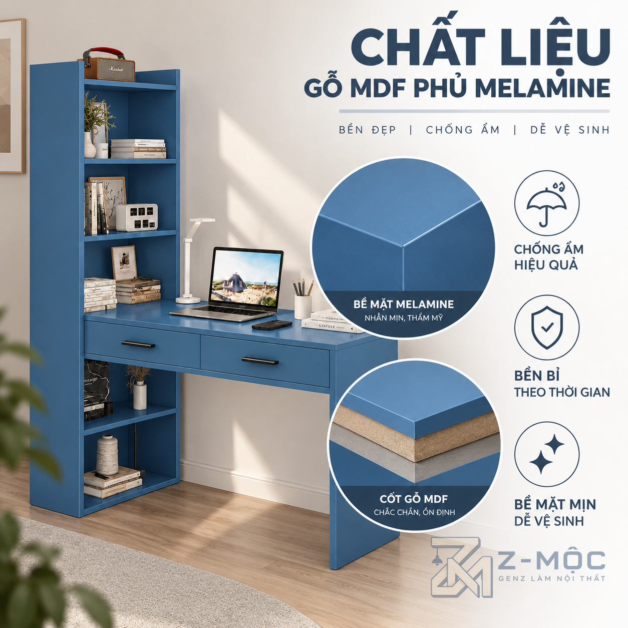 Chất liệu gỗ phủ Melamine bền đẹp, dễ vệ sinh