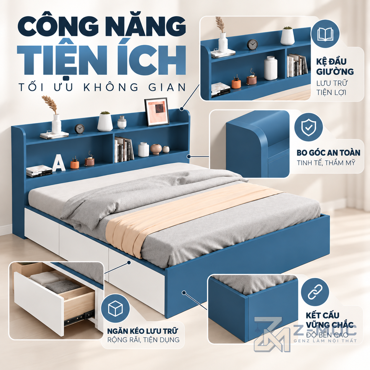 Kệ đầu giường tăng thêm không gian để đồ