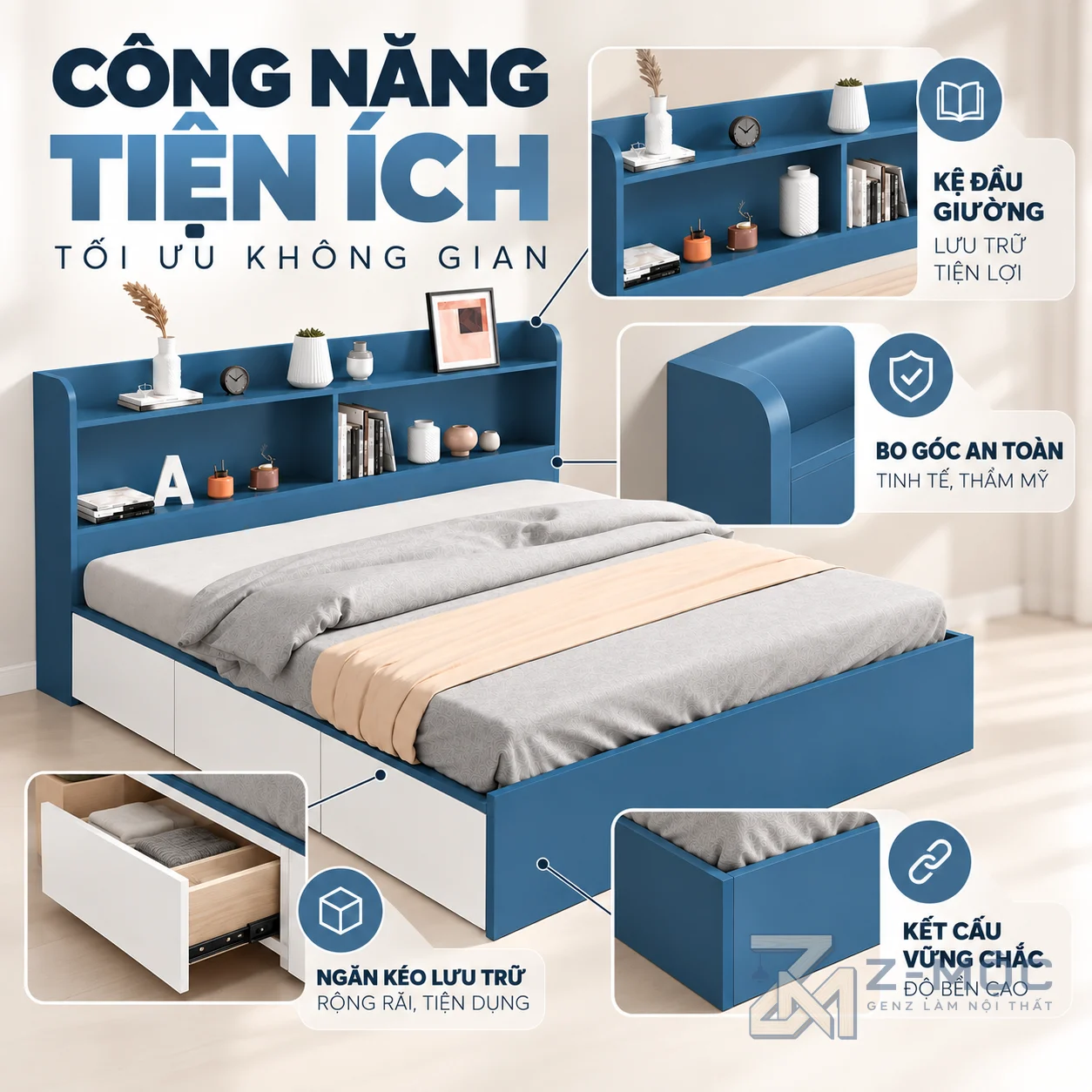 Kệ đầu giường tăng thêm không gian để đồ