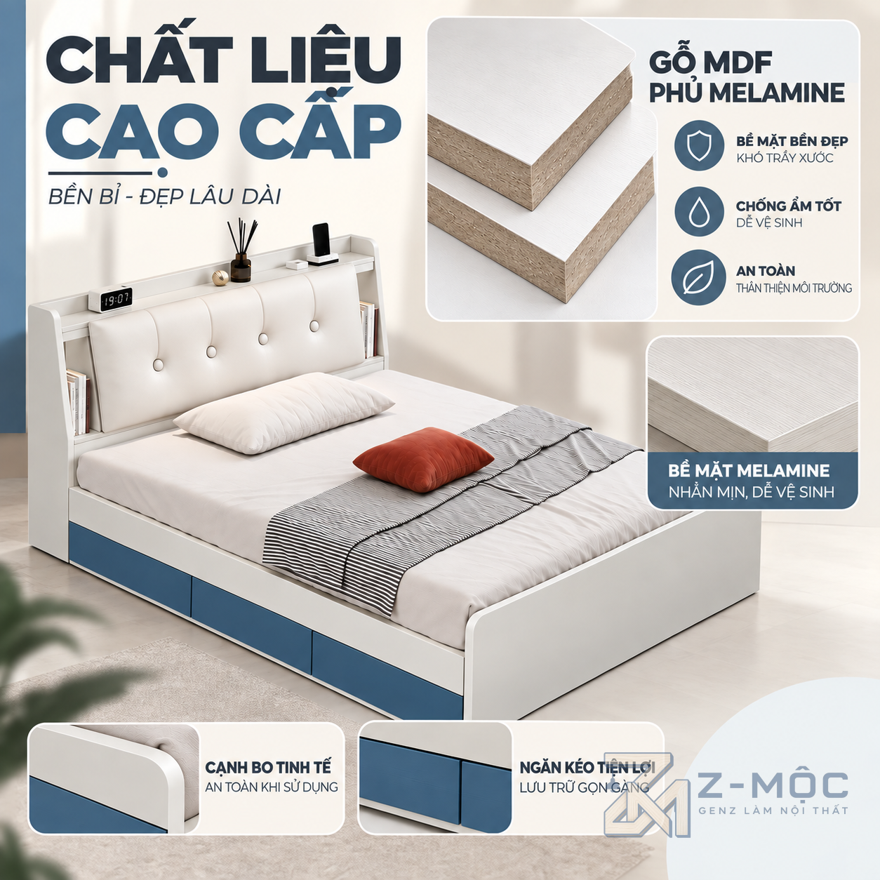 Chất liệu gỗ phủ Melamine bền đẹp, dễ vệ sinh