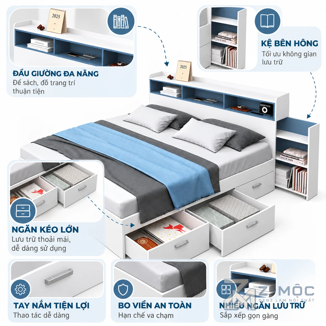 Kệ đầu giường và ngăn kéo tăng khả năng lưu trữ