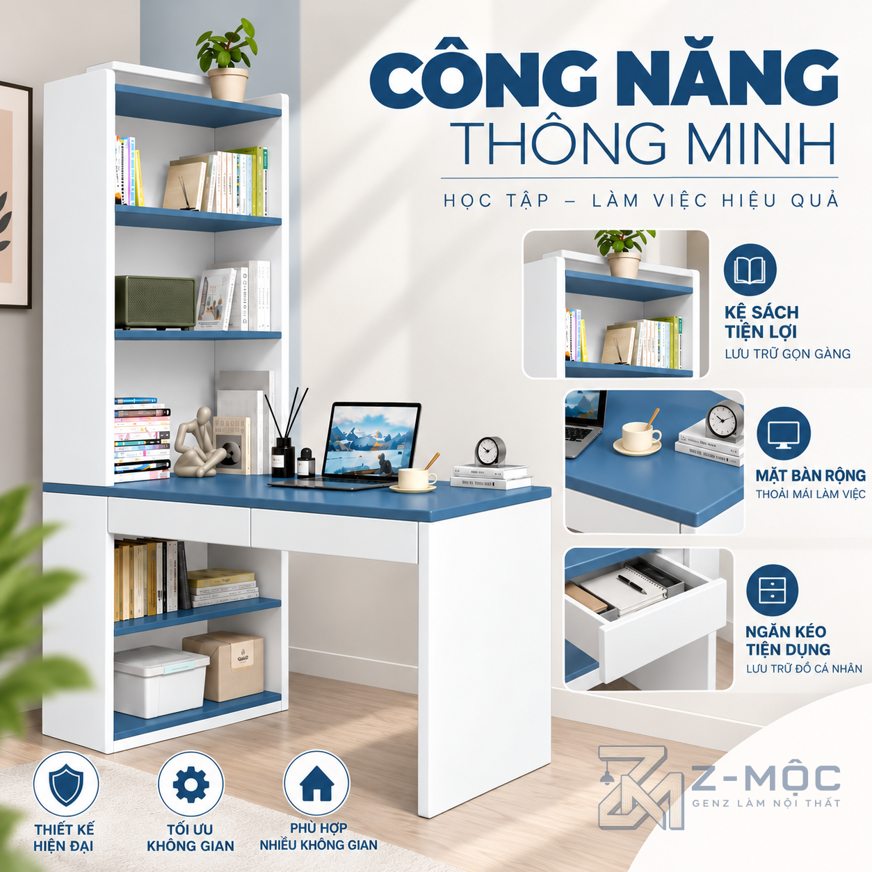 Kết hợp bàn làm việc và không gian lưu trữ