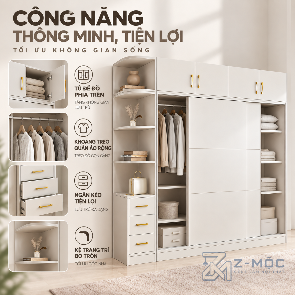 Kết hợp kệ mở và 3 ngăn kéo tiện dụng