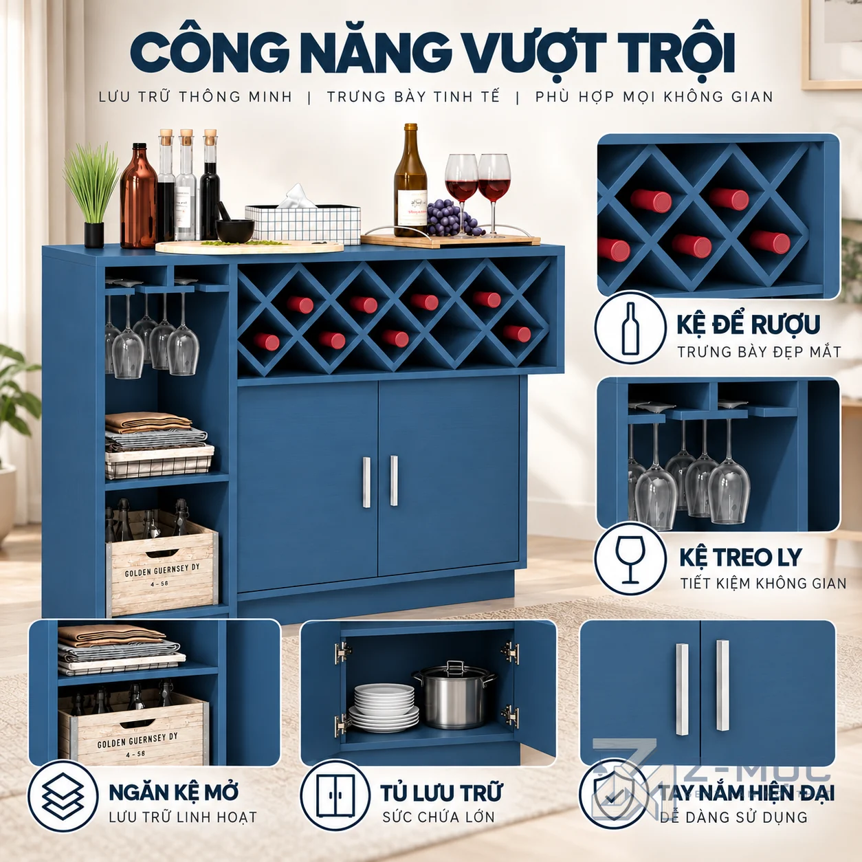 Kết hợp khu vực để rượu, treo ly và lưu trữ