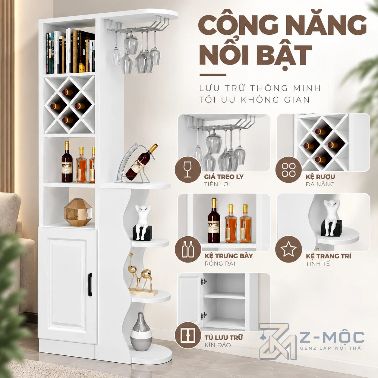 Kết hợp lưu trữ rượu và trưng bày đồ decor