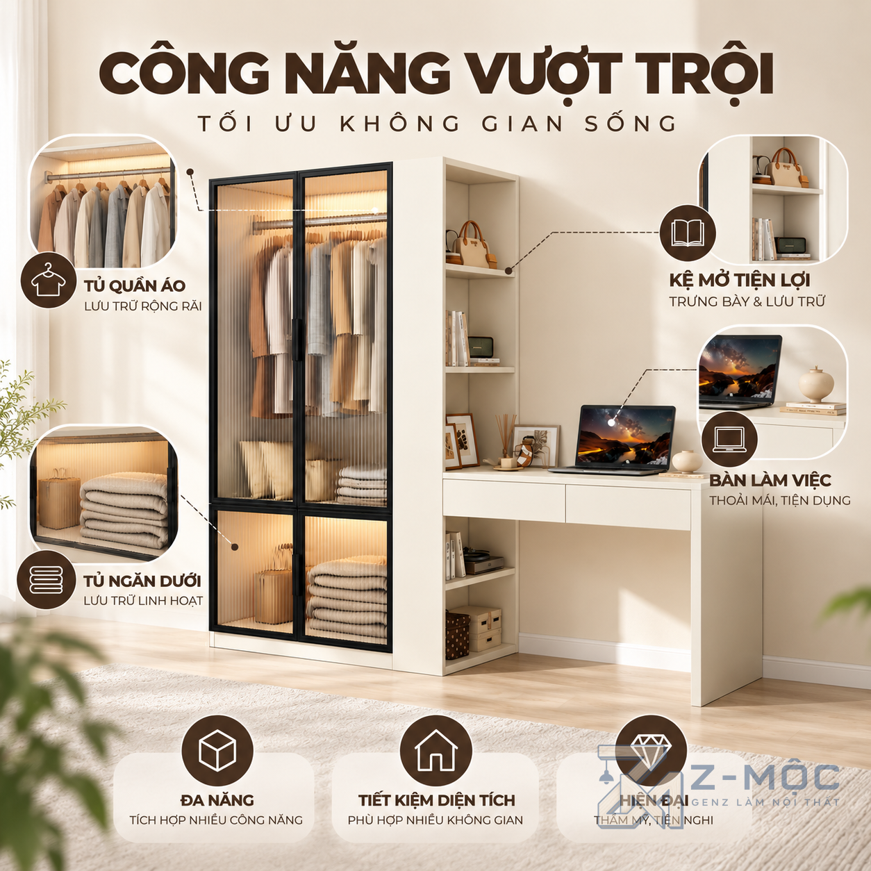 Kết hợp tủ áo và bàn làm việc trong một hệ