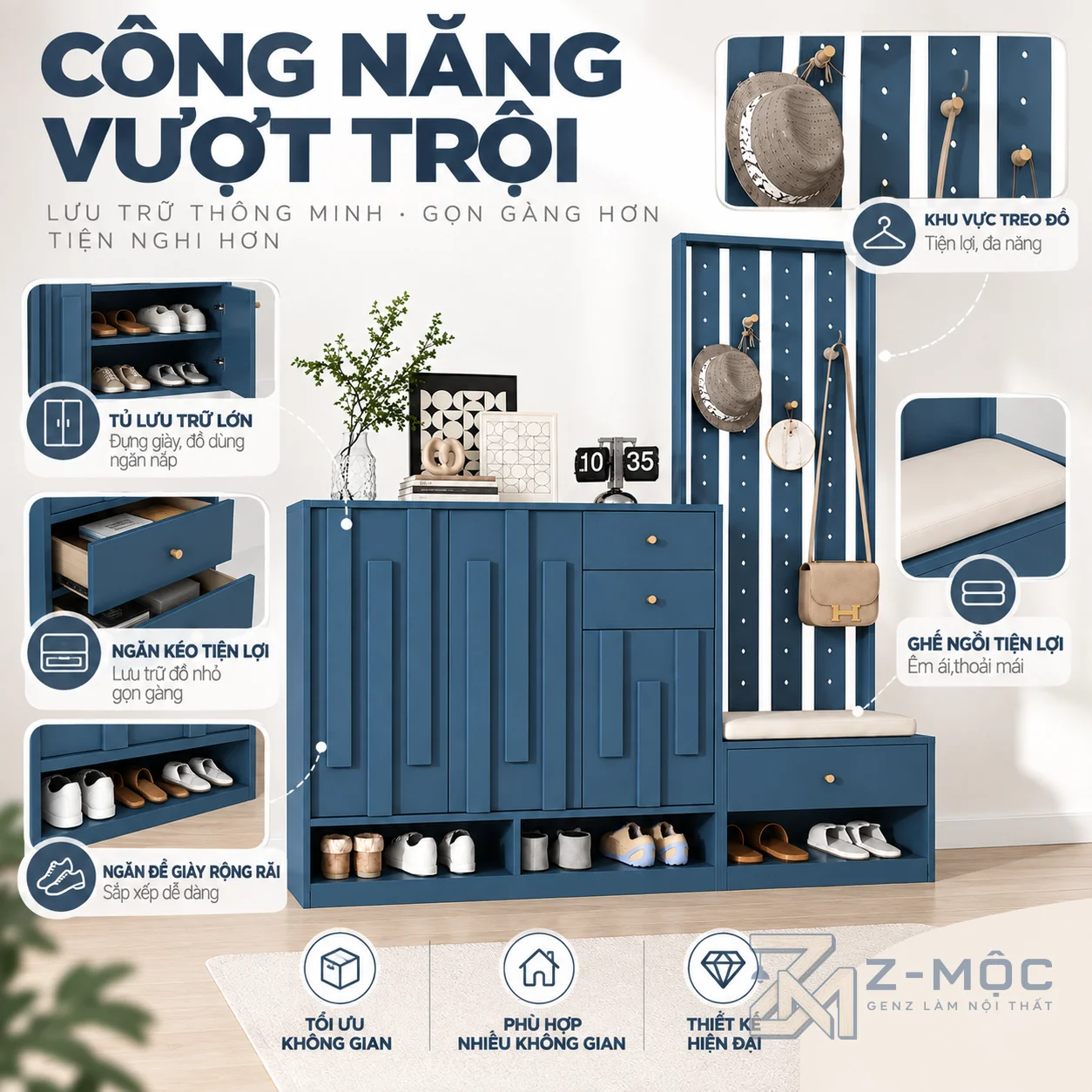 Kết hợp tủ giày, ghế ngồi và móc treo