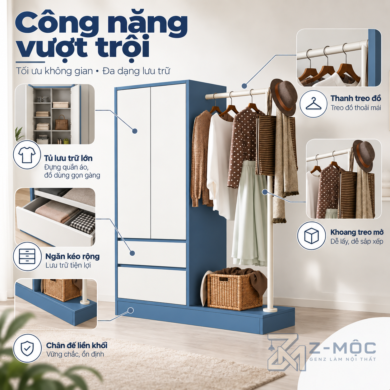Kết hợp tủ kín và giá treo quần áo