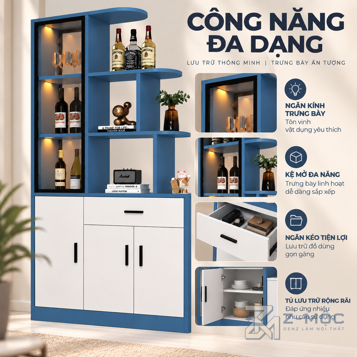 Kết hợp tủ kín và kệ trưng bày