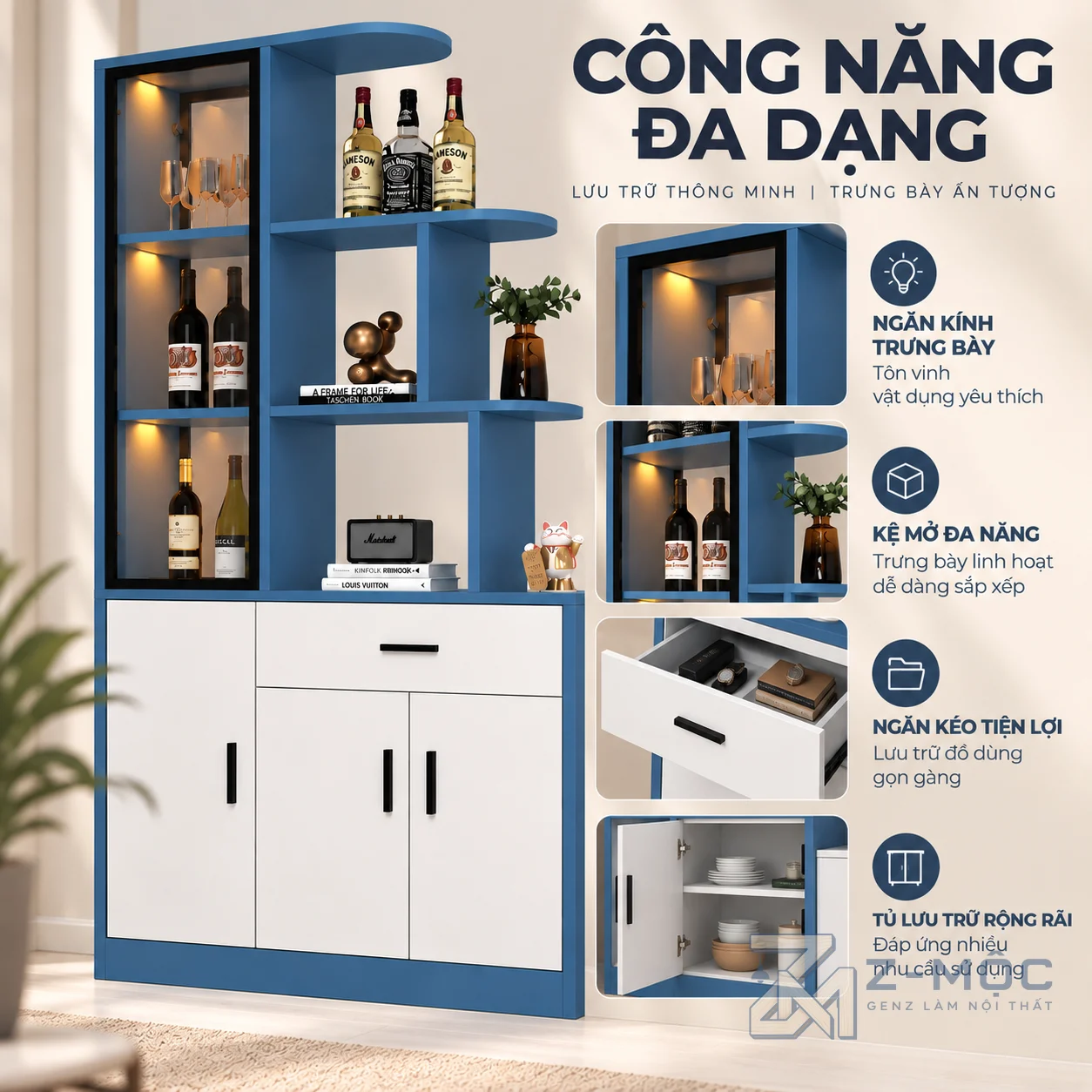 Kết hợp tủ kín và kệ trưng bày
