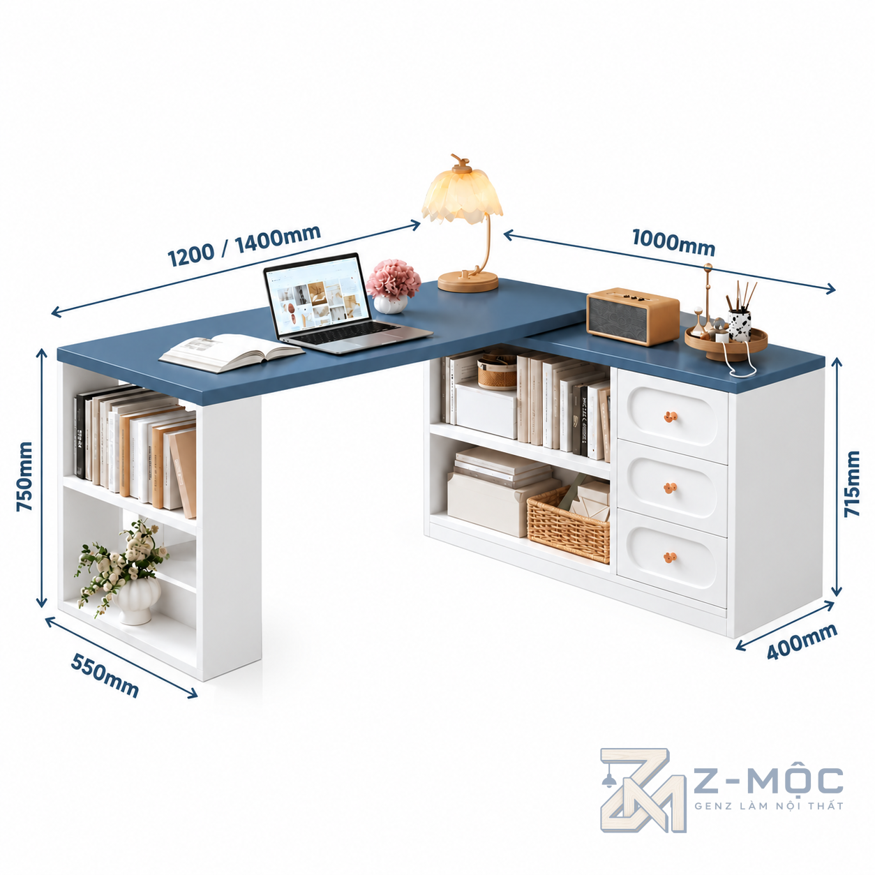 Kích thước chi tiết Bàn học chữ L thiết kế đơn giản hiện đại ZM-70061