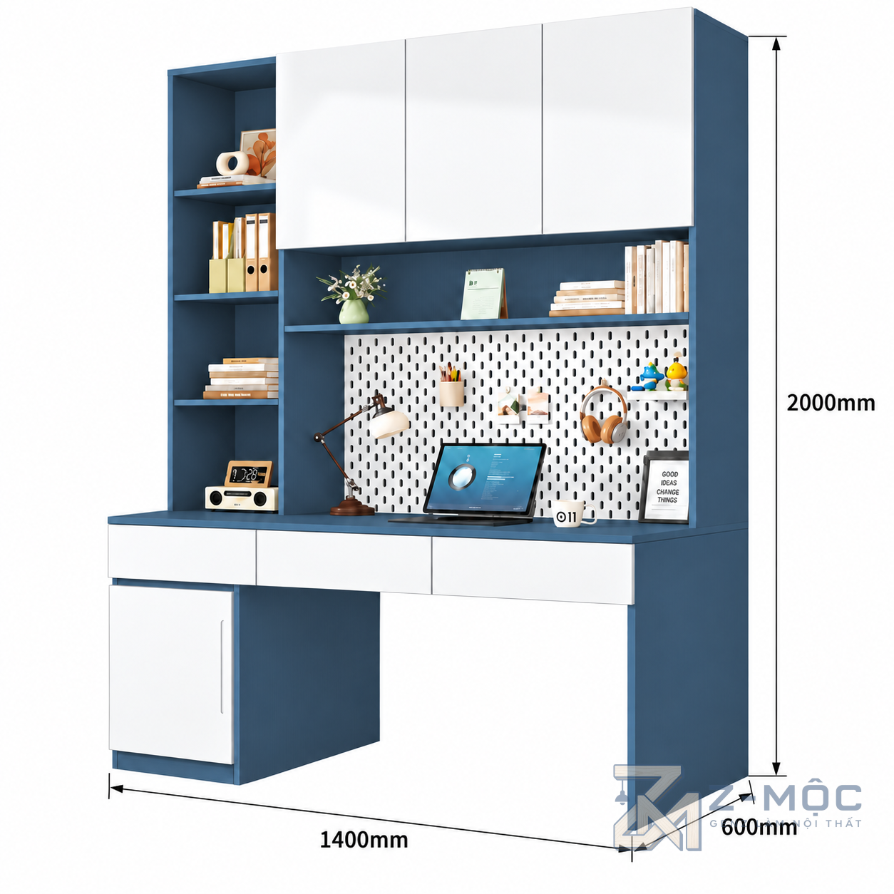 Kích thước chi tiết Bàn Học Liền Giá Sách Nhiều Ngăn Hiện Đại ZM-70065 2