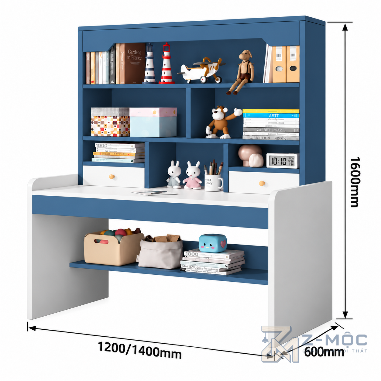 Kích thước chi tiết Bàn Học Liền Giá Sách Nhiều Ngăn Nhỏ Gọn ZM-70082