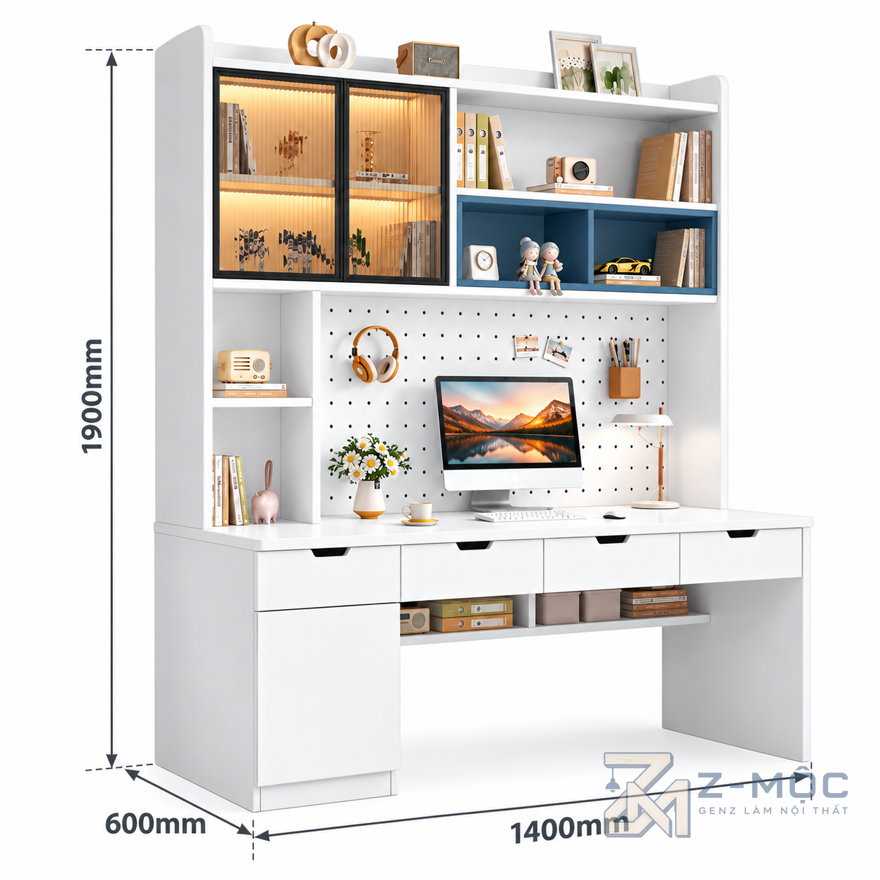 Kích thước chi tiết Bàn Học Liền Kệ Có Bảng Pegboard Trắng Xanh ZM-70067 2